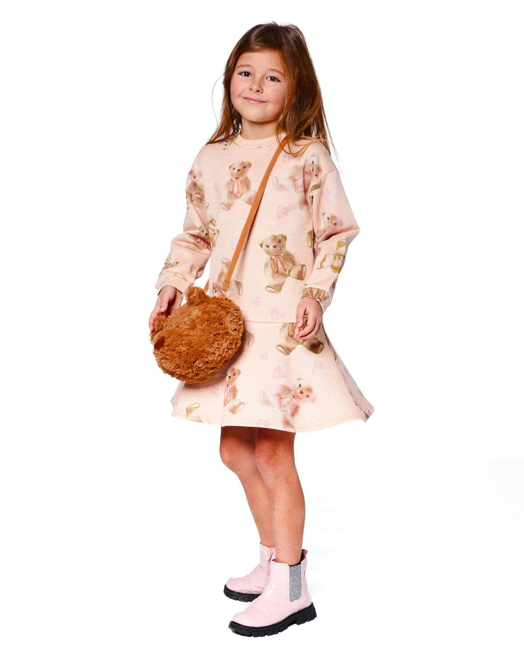 Glittering French Terry Dress Beige Teddy Bear Print