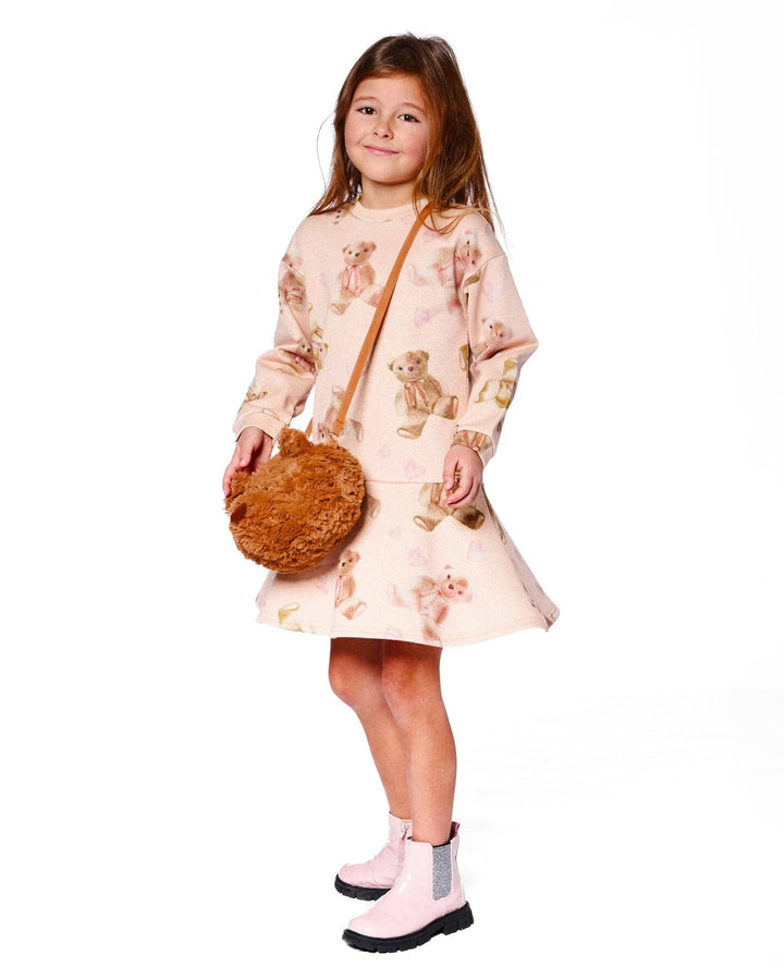 Glittering French Terry Dress Beige Teddy Bear Print