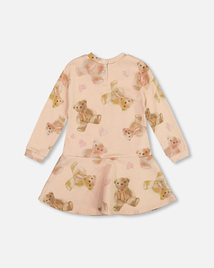 Glittering French Terry Dress Beige Teddy Bear Print