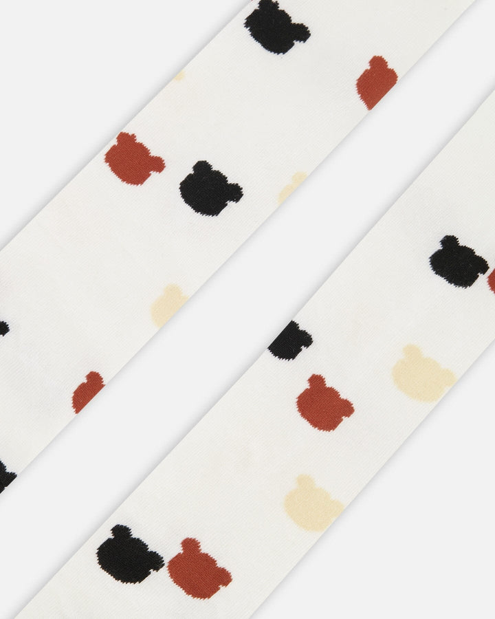 Knit Tights Off-White With Teddy Bear Pattern
