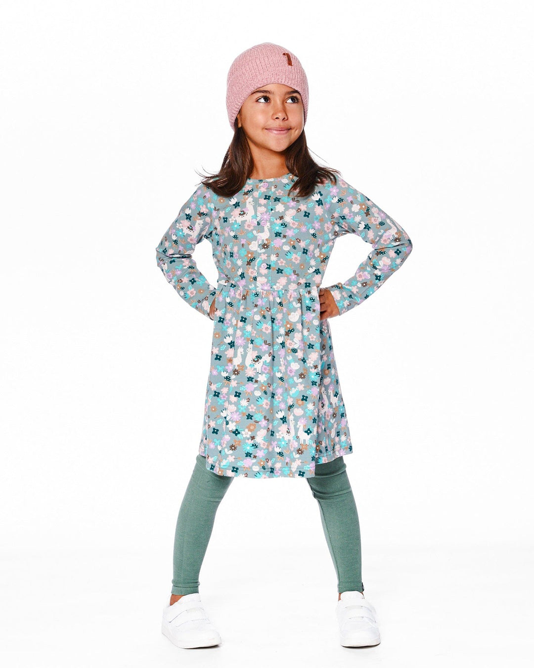 Half Button Organic Cotton Dress Blue Llama Print