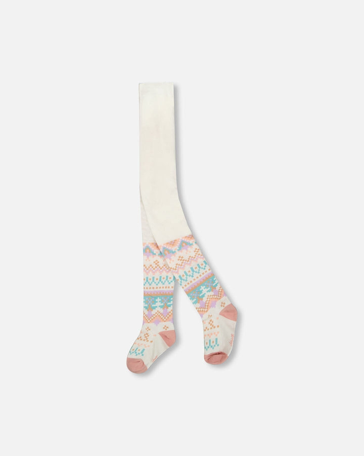 Knit Tights White Pink And Turquoise With Norwegian Jacquard
