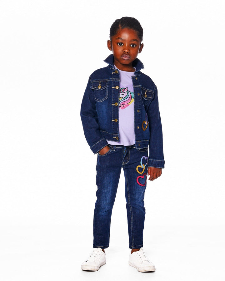 Stretch Jeans Blue Denim With Glittery Hearts