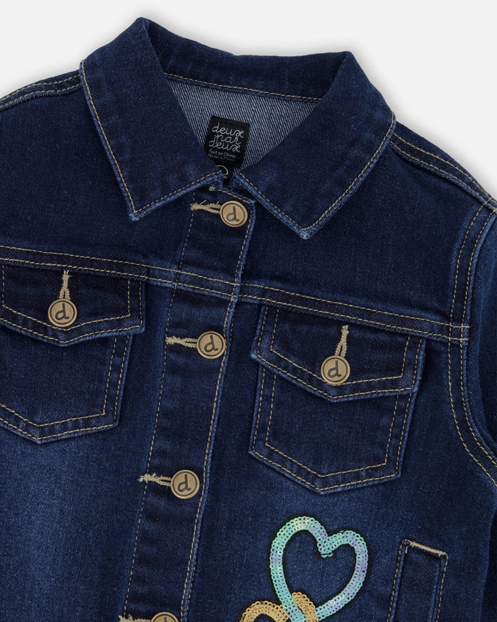 Stretch Denim Jacket Dark Blue With Glittery Hearts And Unicorn