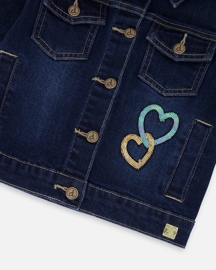 Stretch Denim Jacket Dark Blue With Glittery Hearts And Unicorn