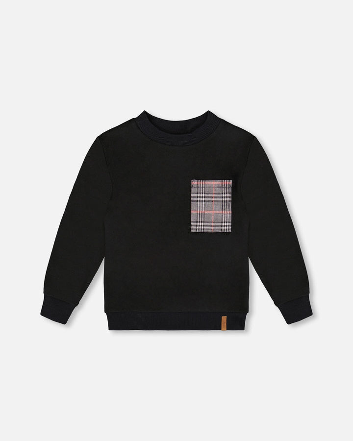 Super Soft Brushed Jersey Long Sleeve Top Black With Plaid Pocket
