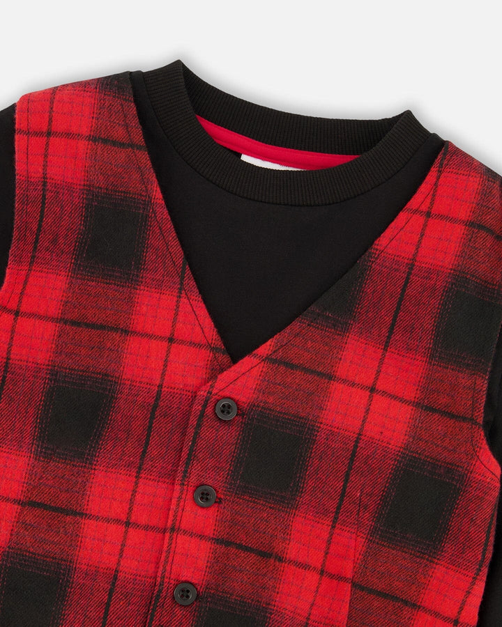 T-Shirt With Plaid Vest Red And Black