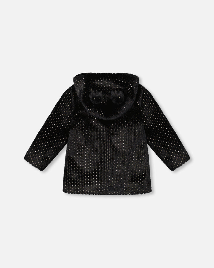 Bear Faux Fur Coat Black With Gold Polka Dots