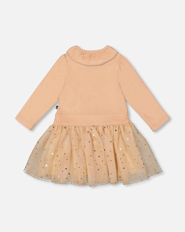 Bi-Material Dress With Glittering Skirt Beige