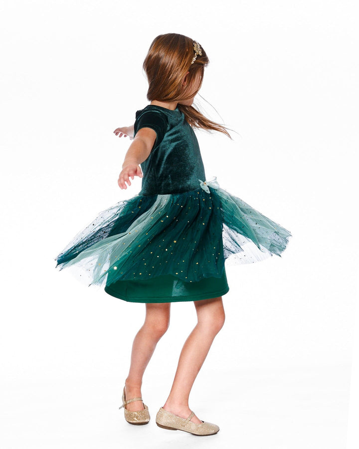 Bi-Material Short Sleeve Party Dress Forest Green