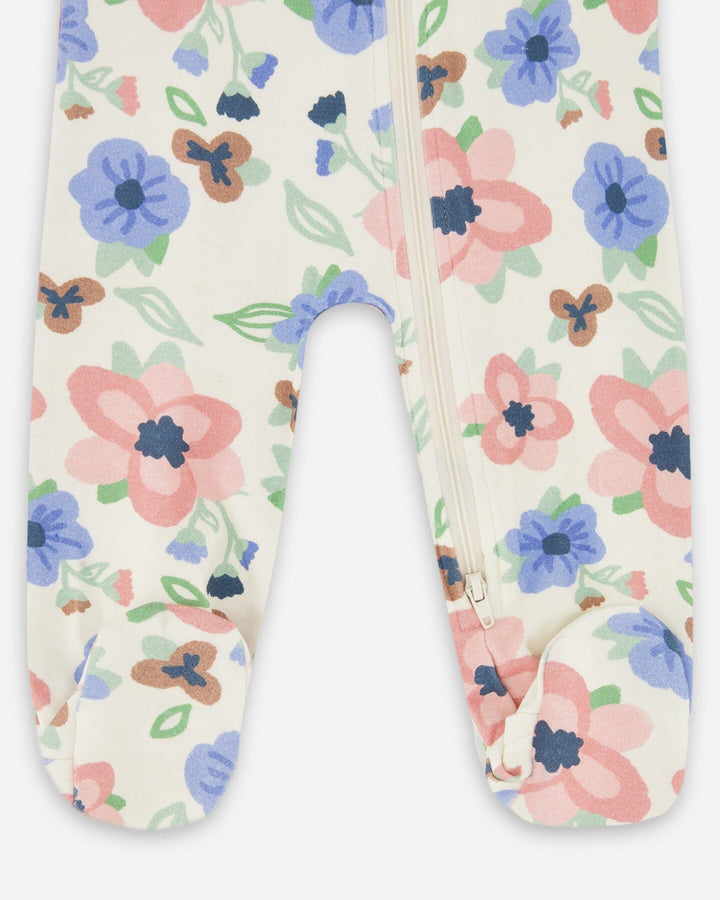 One-Piece Organic Cotton Pajama Off-White Flower Print