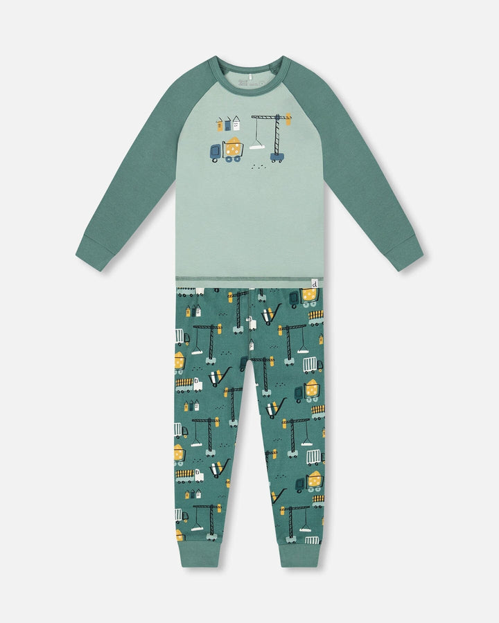 Two-Piece Organic Cotton Pajama Set Teal Construction Print