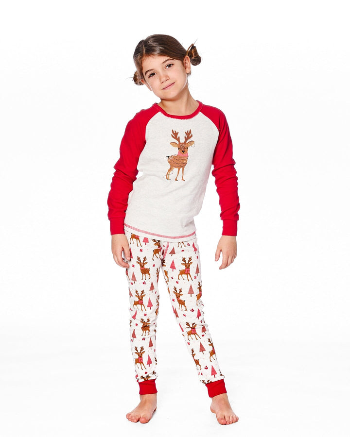 Organic Cotton Two-Piece Pajamas Beige Girly Reindeer Print