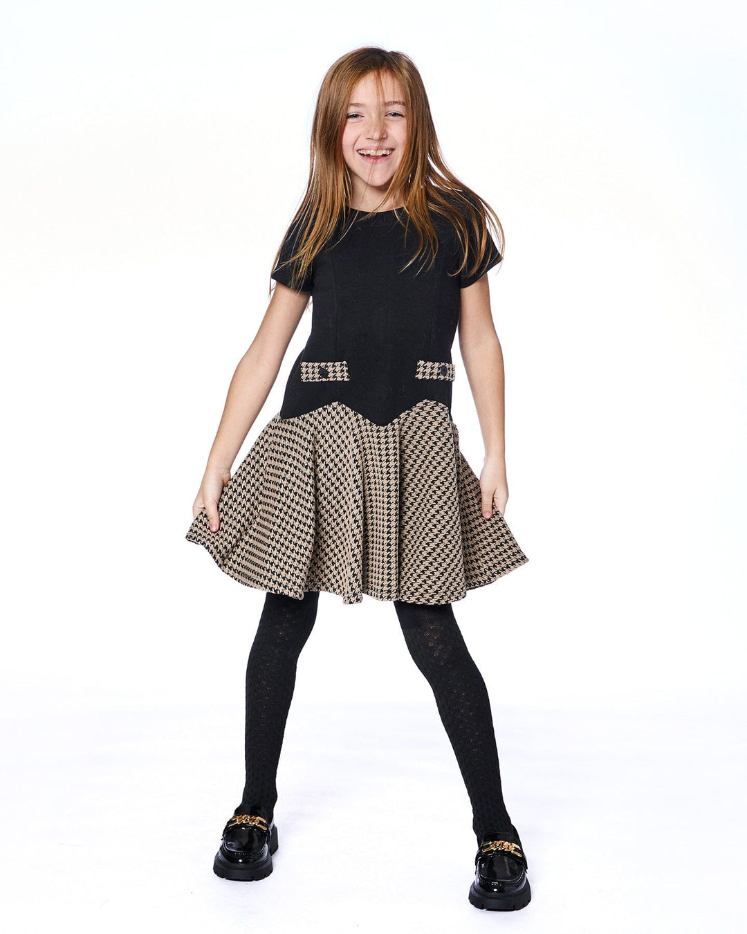Short Sleeve Bi-Material Milano And Jacquard Knit Dress Black