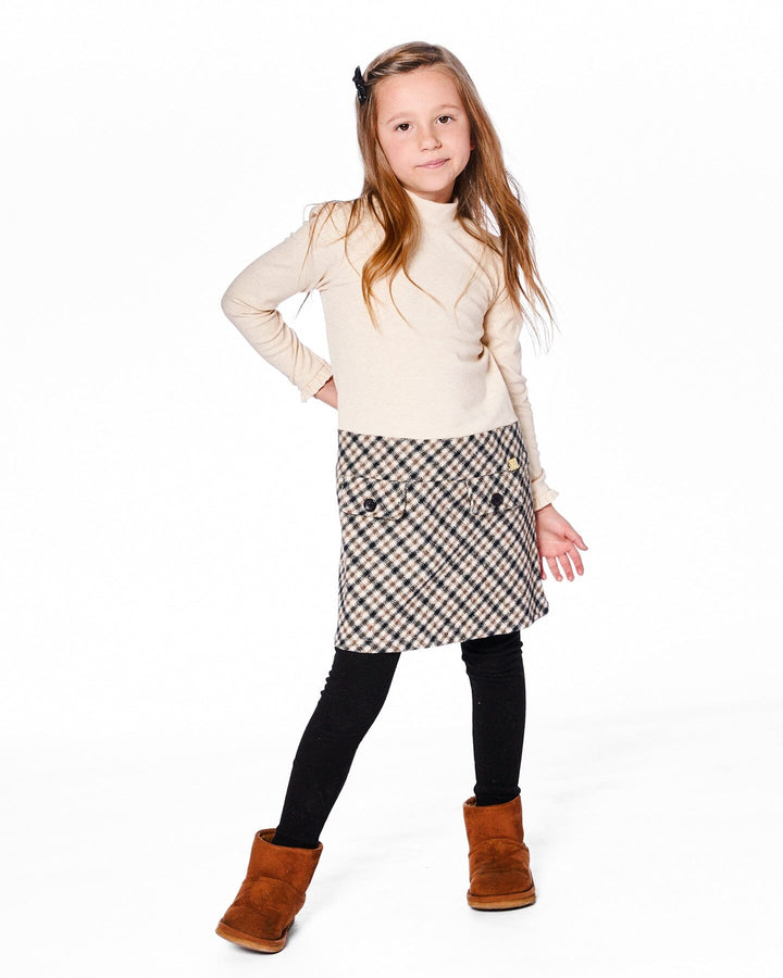 Long Sleeve Bi-Material Mock Neck Dress Beige And Plaid