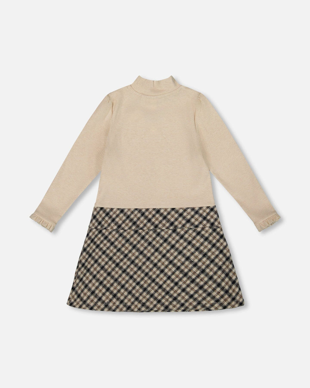 Long Sleeve Bi-Material Mock Neck Dress Beige And Plaid