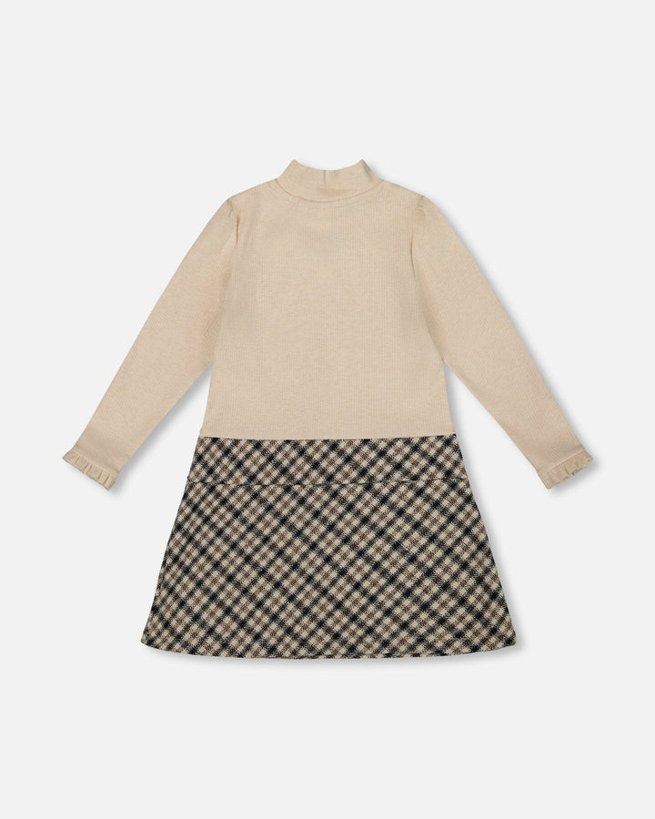 Long Sleeve Bi-Material Mock Neck Dress Beige And Plaid