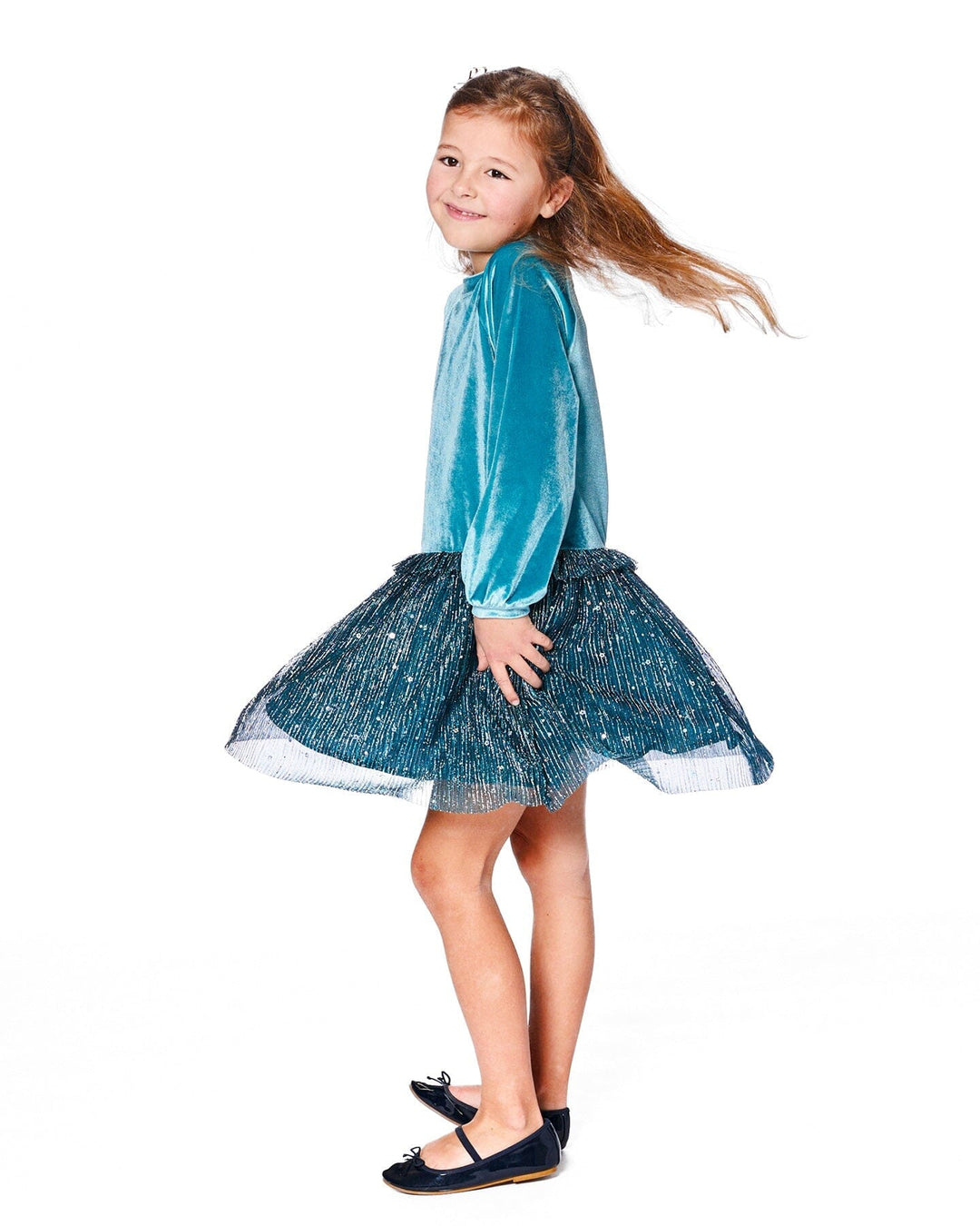Long Sleeve Bi-Material Velvet And Pleated Mesh Dress Teal Blue