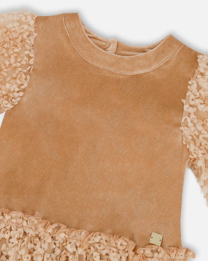 Puff Sleeve Bi-Material Velour And Lace Dress Light Caramel