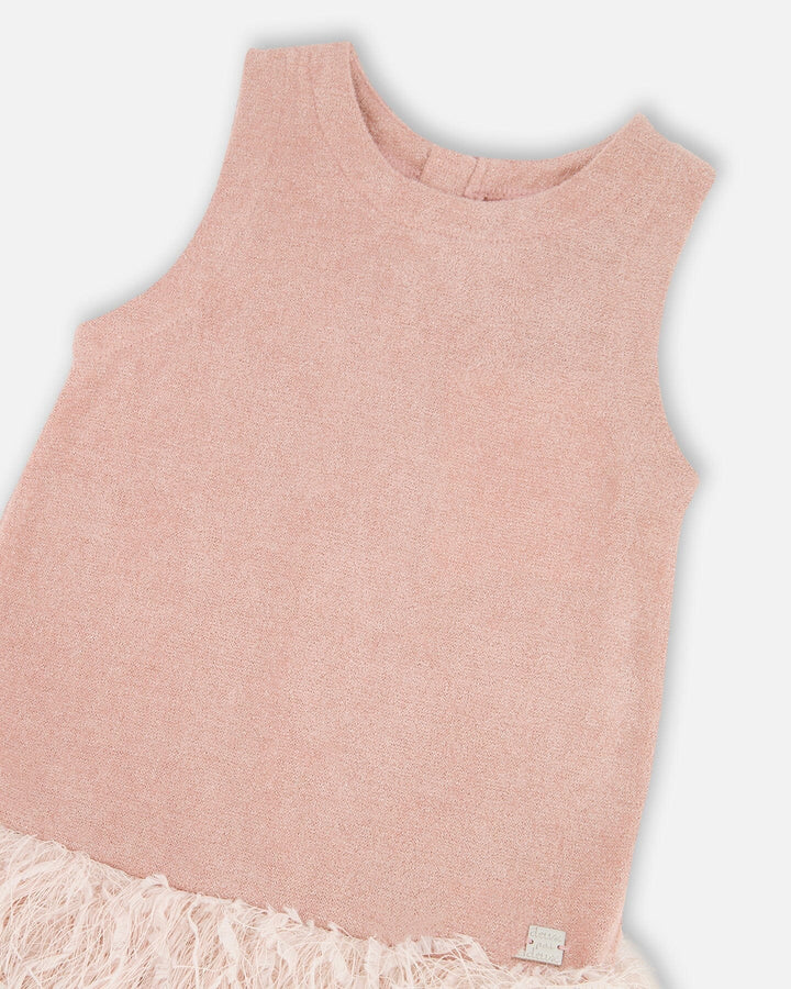 Sleeveless Bi-Material Lurex Dress With Feathers Light Pink