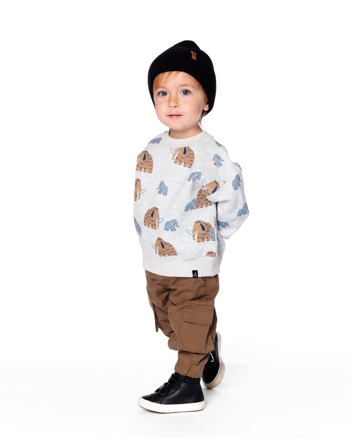 Long Sleeve Crew Neck Fleece Sweatshirt Beige Mammoth Print