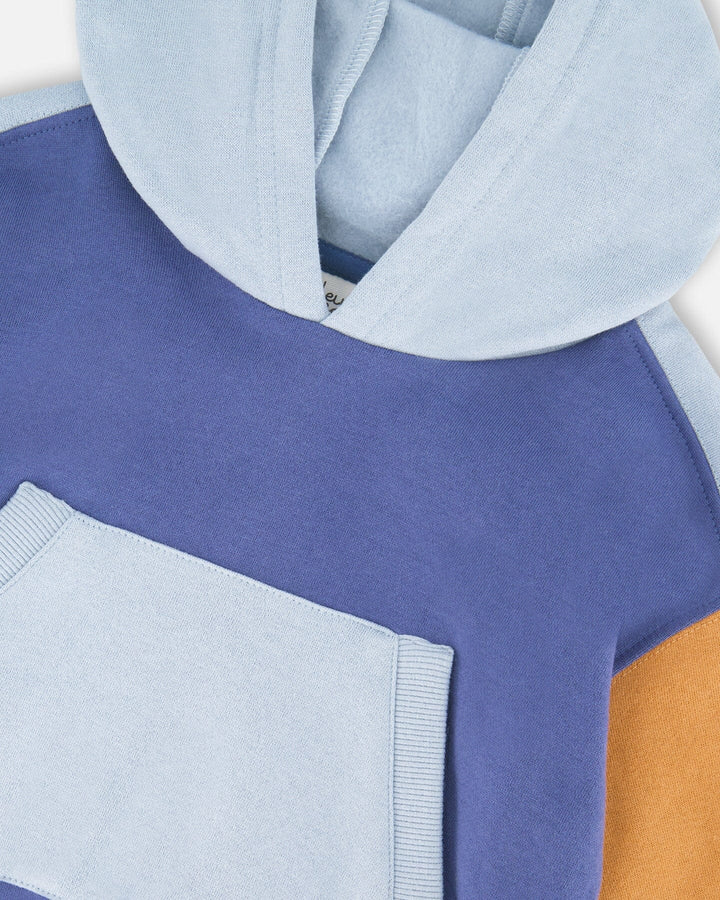 Long Sleeve Colorblocked Hooded Fleece Sweatshirt Blue
