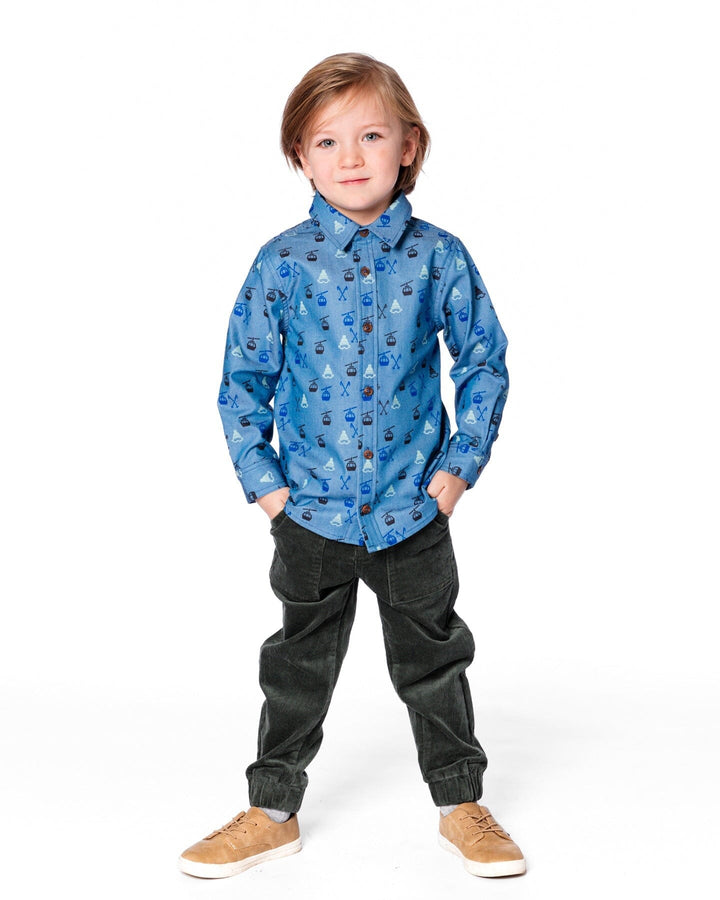 Printed Long Sleeve Button Front Chambray Shirt Blue