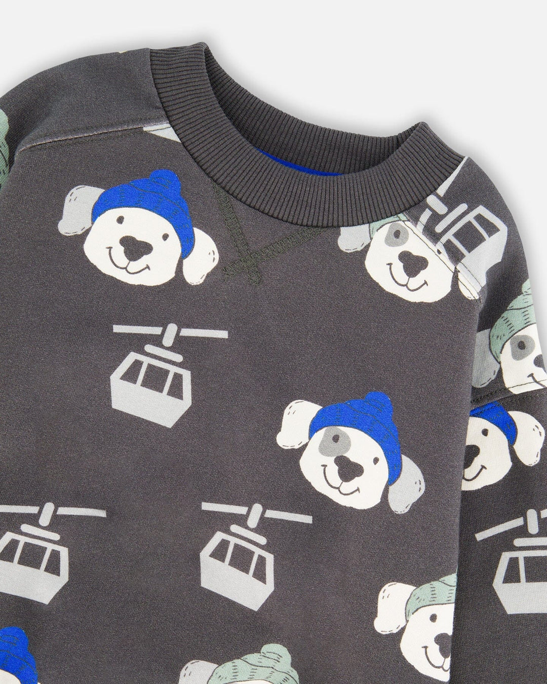Fleece Pullover Sweatshirt Gray Dog Print