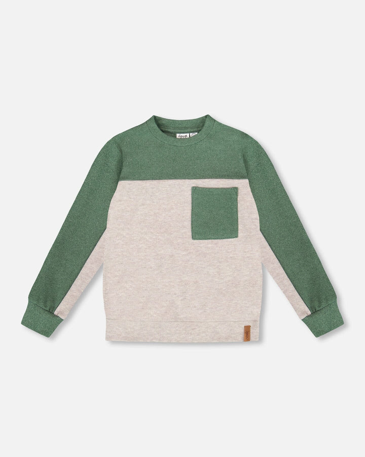 Long Sleeve Super Soft Brushed Jersey Top Color Block Heather Beige