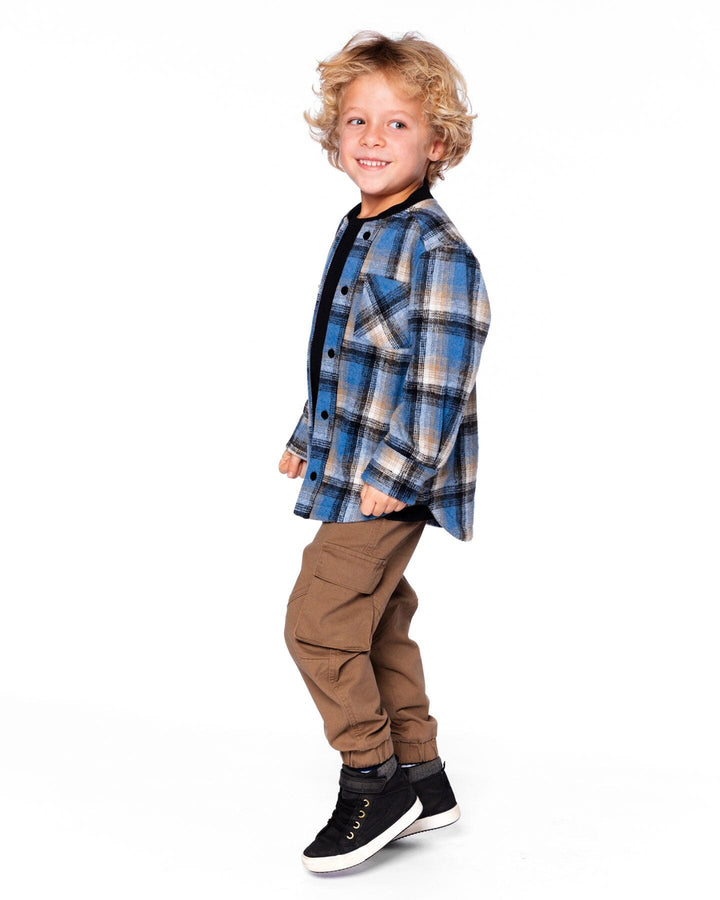 Long Sleeve Brushed Plaid Button Down Shirt Avec Rib Collar