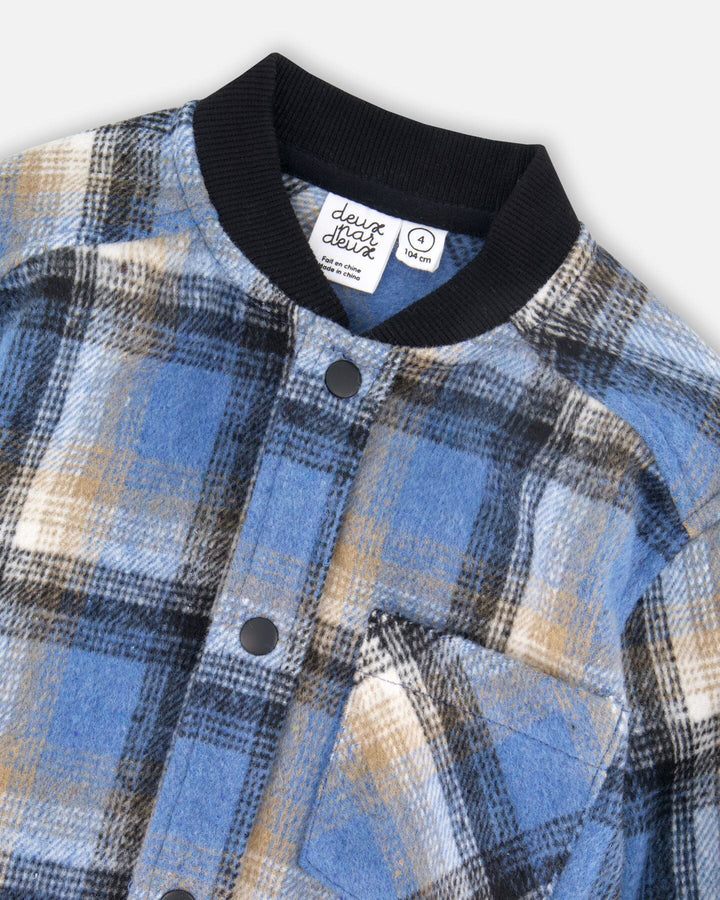 Long Sleeve Brushed Plaid Button Down Shirt Avec Rib Collar