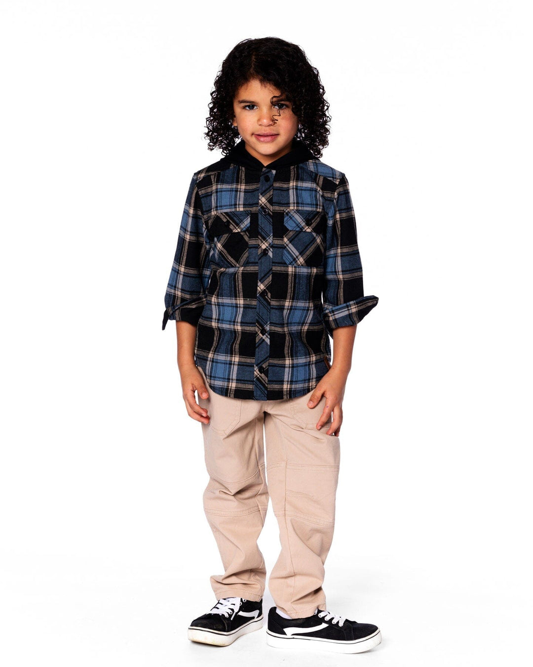 Long Sleeve Hooded Flannel Shirt Blue And Black