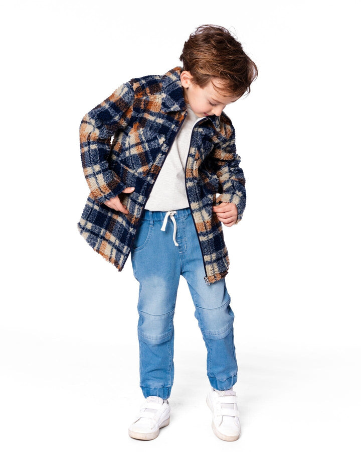 Sherpa Long Sleeve Zip Front Overshirt Blue And Brown Plaid