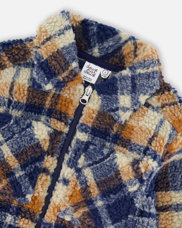 Sherpa Long Sleeve Zip Front Overshirt Blue And Brown Plaid