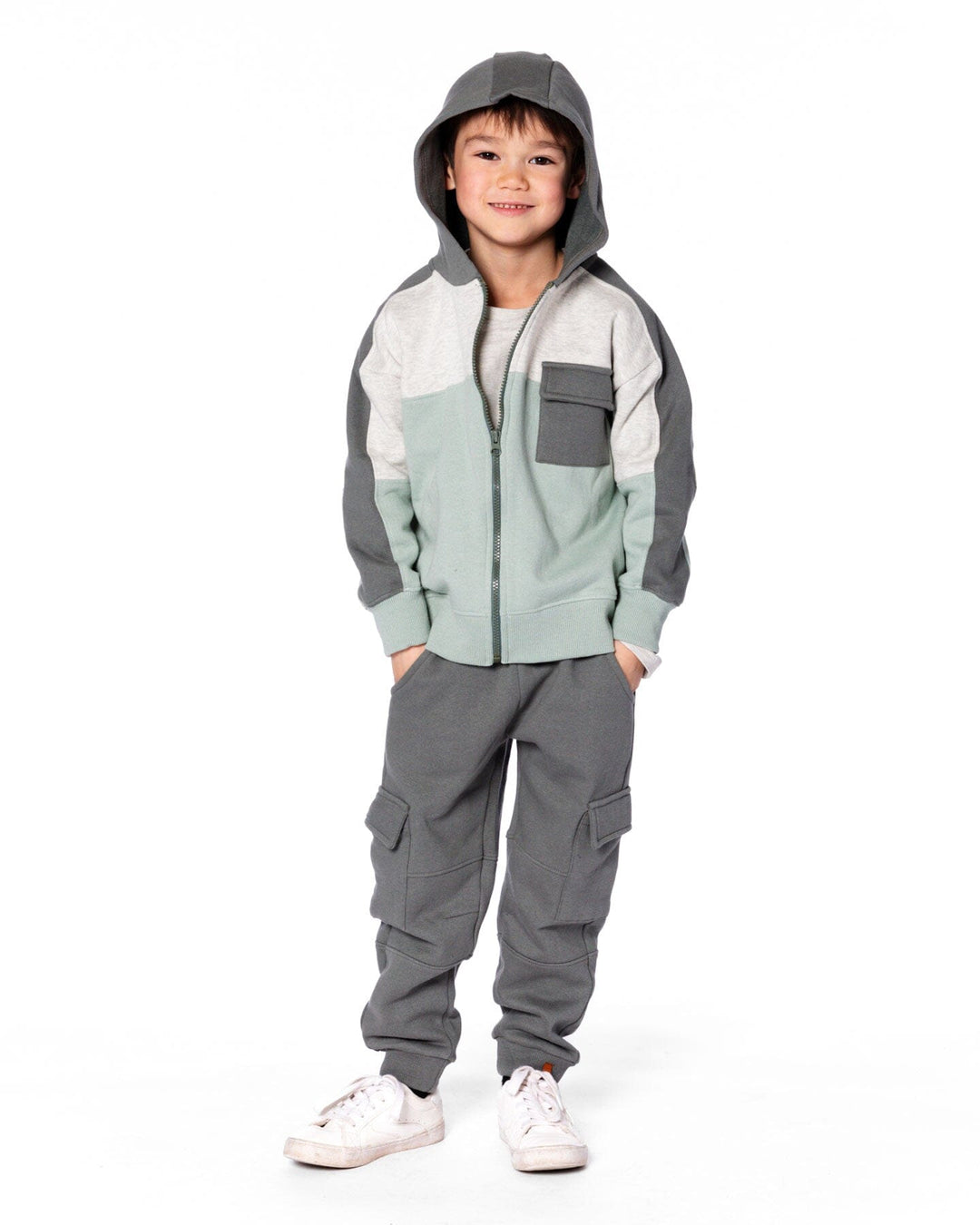 Full Zip Fleece Color Block Sweatshirt Green Gray
