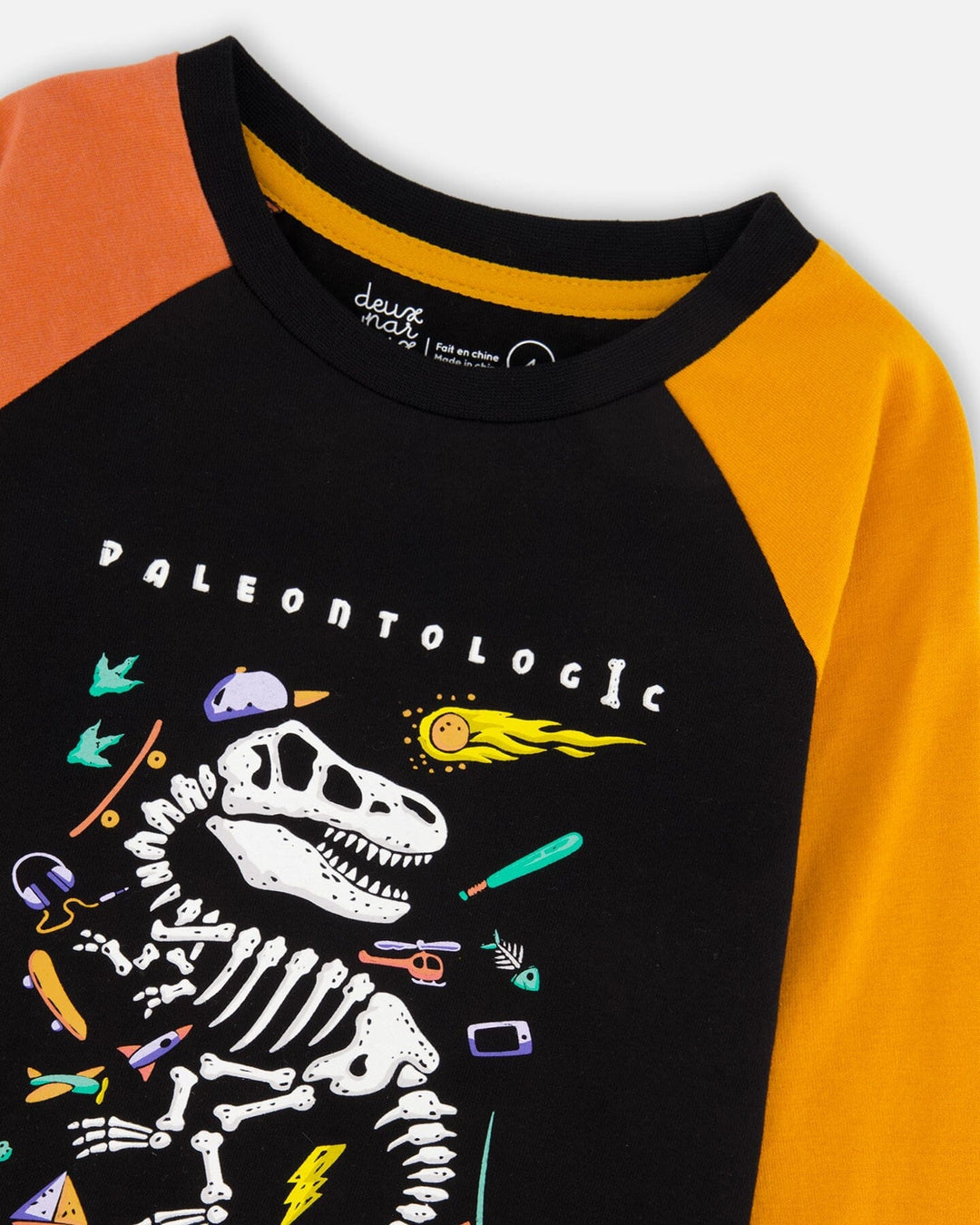 Black Long Sleeve Raglan T-Shirt With Glow-In-The-Dark Dinosaur Print