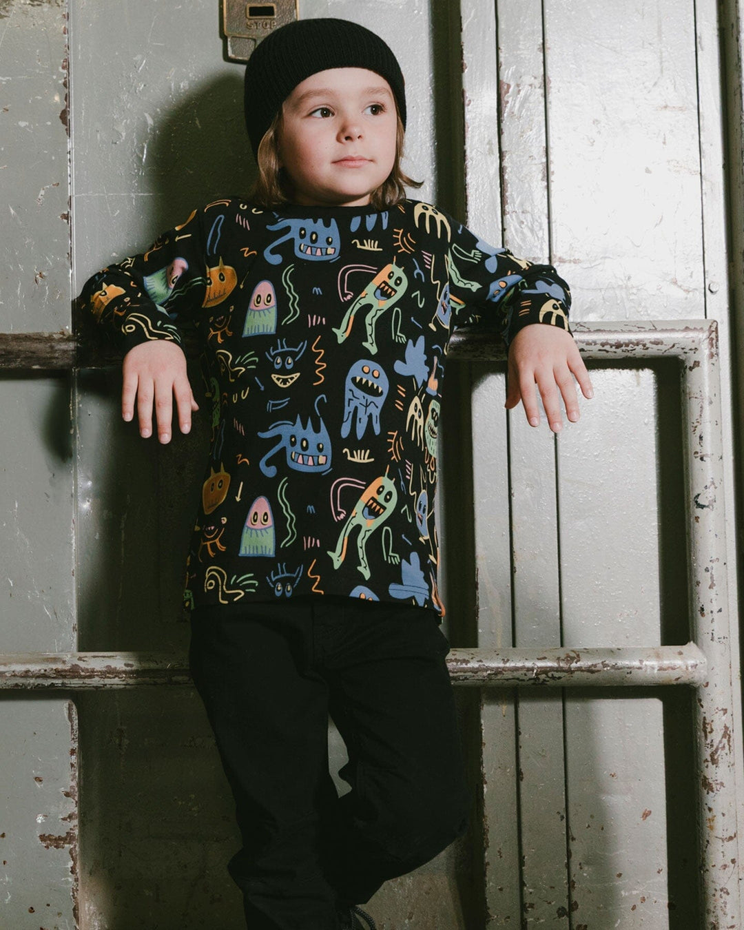 Long Sleeve Organic Cotton Allover Monsters Print Tee