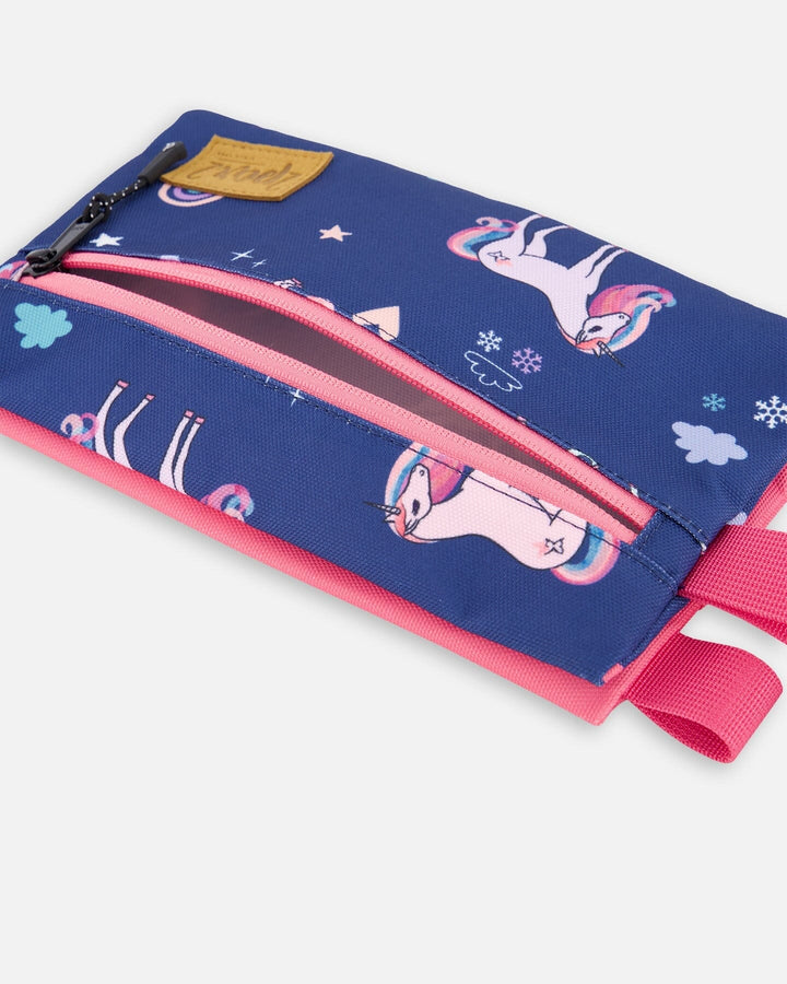 Double Pencil Case Navy Unicorn Print
