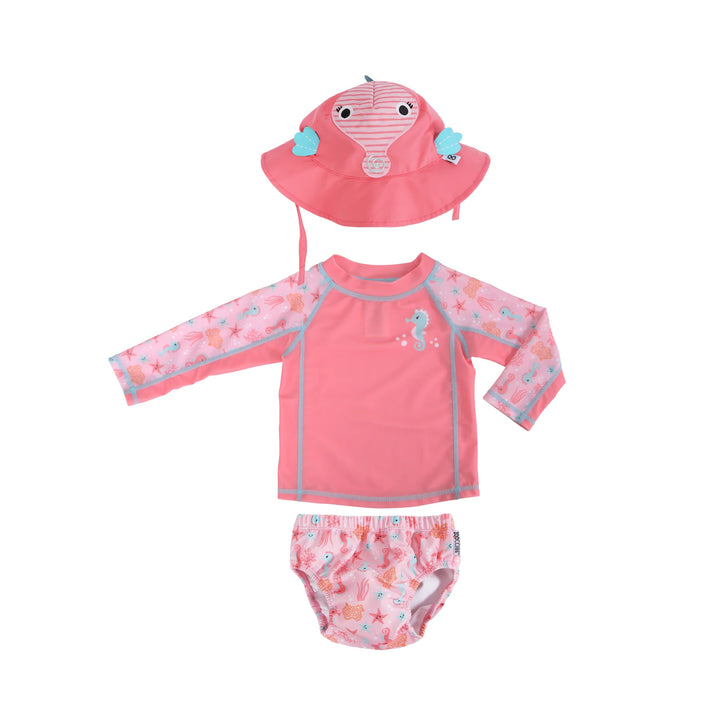 Zoocchini Rashguard Top + Swim Diaper + Sunhat 3pc Set Seahorse - Tiniest Toes