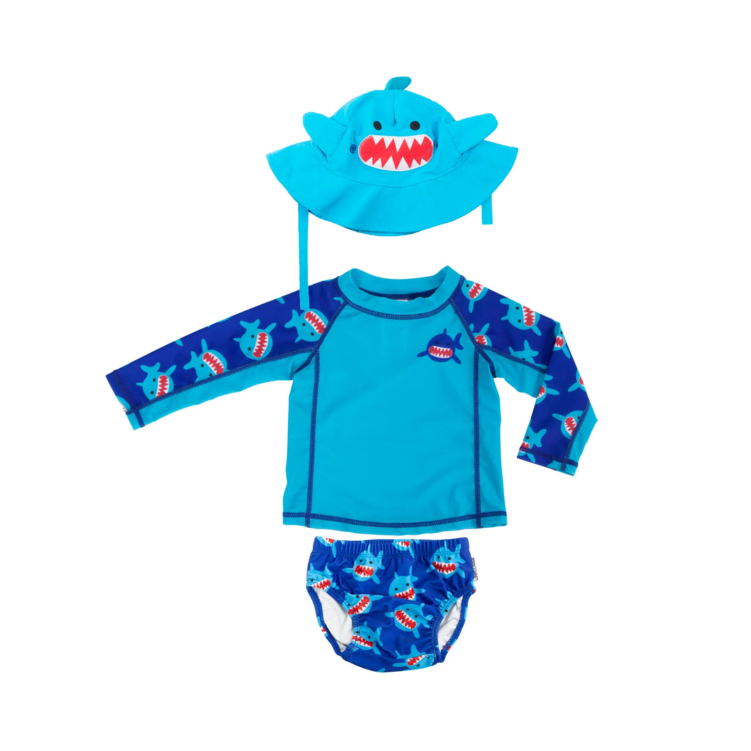 Zoocchini Rashguard Top + Swim Diaper + Sunhat 3pc Set Shark - Tiniest Toes