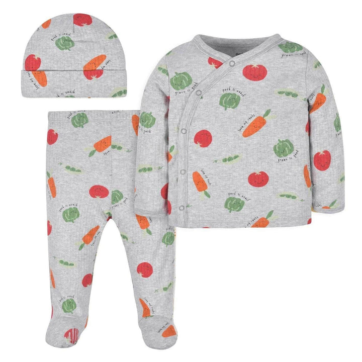 Gerber 3-Piece Baby Unisex Take Me Home Set Shirt, Pant and Cap -Vegetables- Newborn/0-3/3-6 - Tiniest Toes